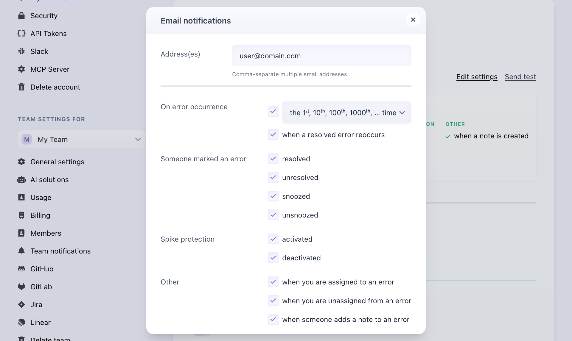 Screenshot of notification settings dialog