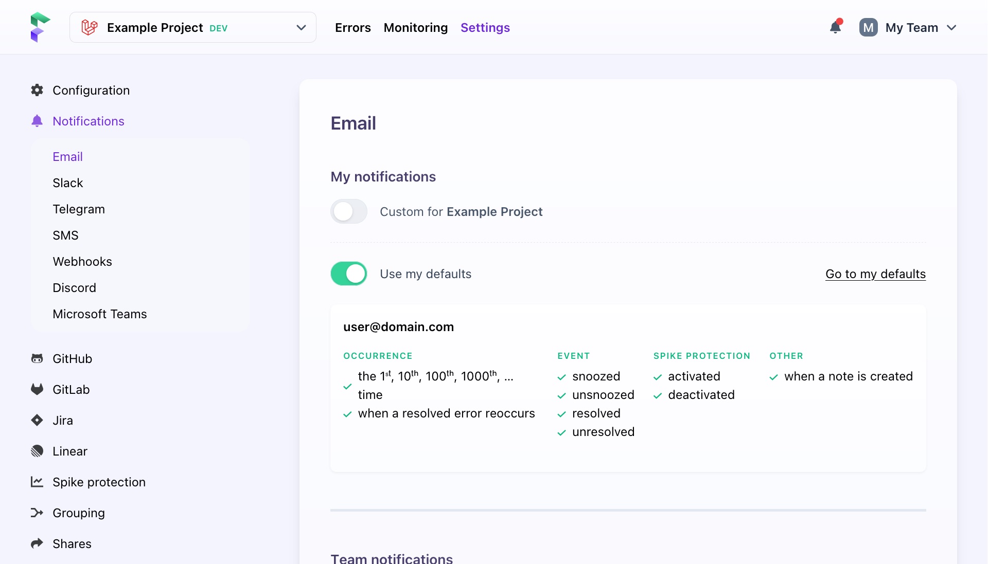 Screenshot of custom project notifications