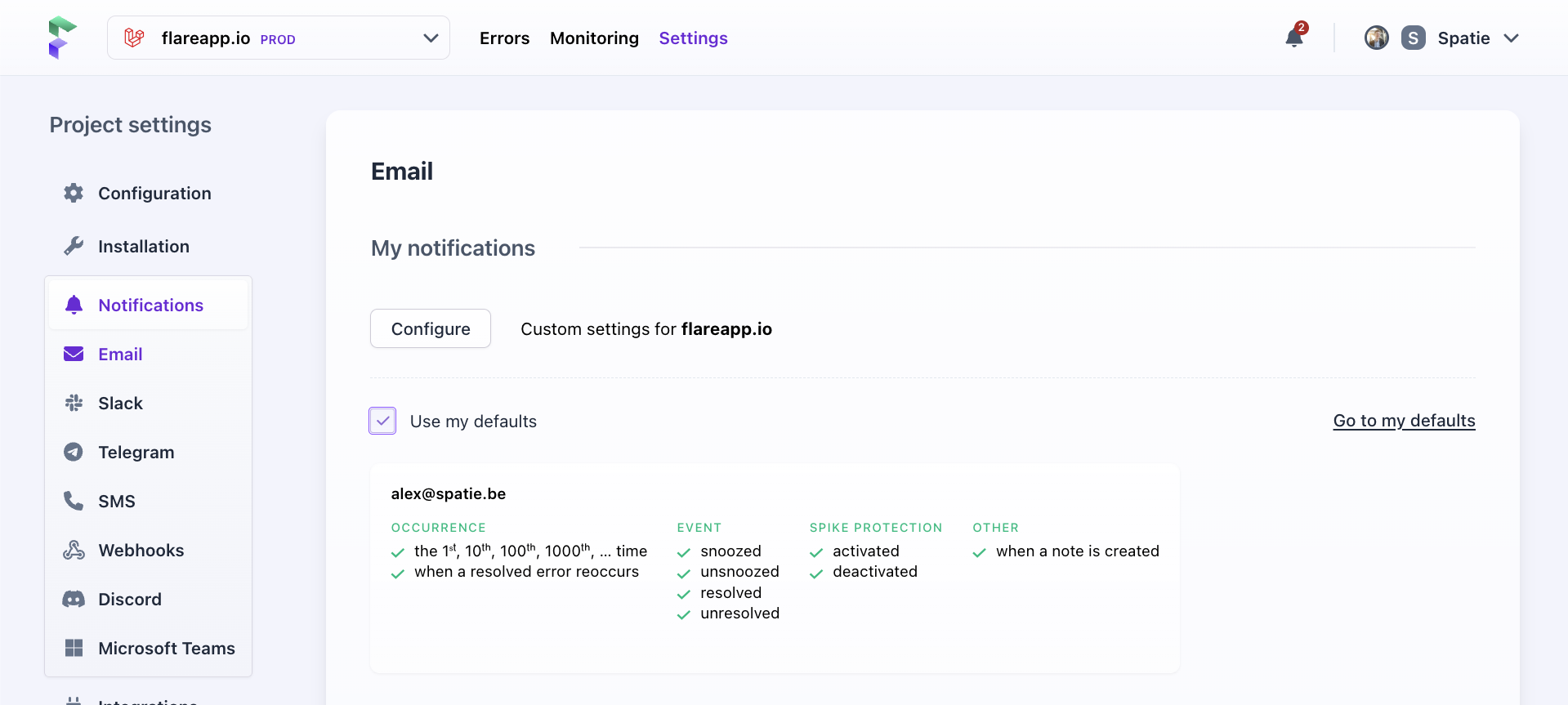 Screenshot of custom project notifications