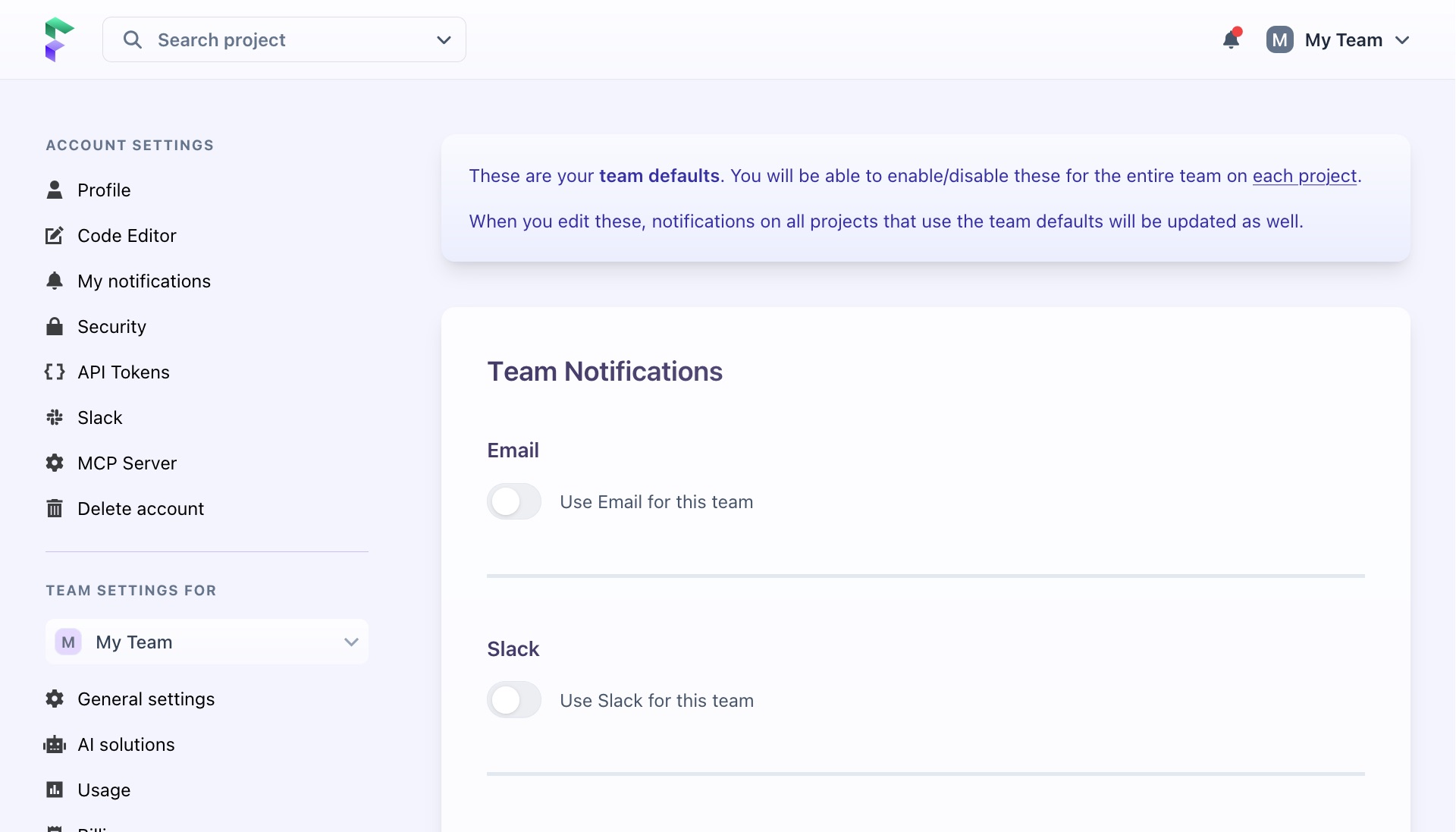 Screenshot of team notifications screen
