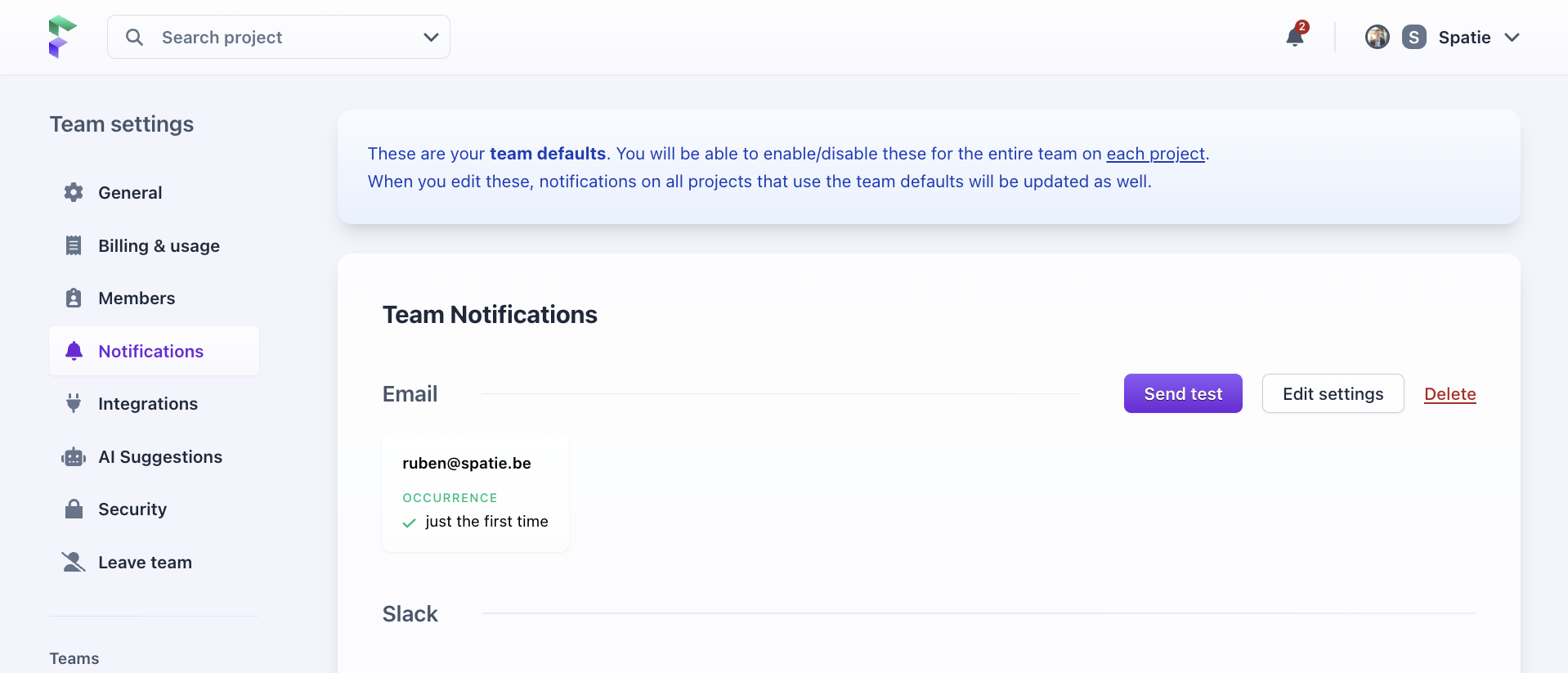 Screenshot of team notifications screen