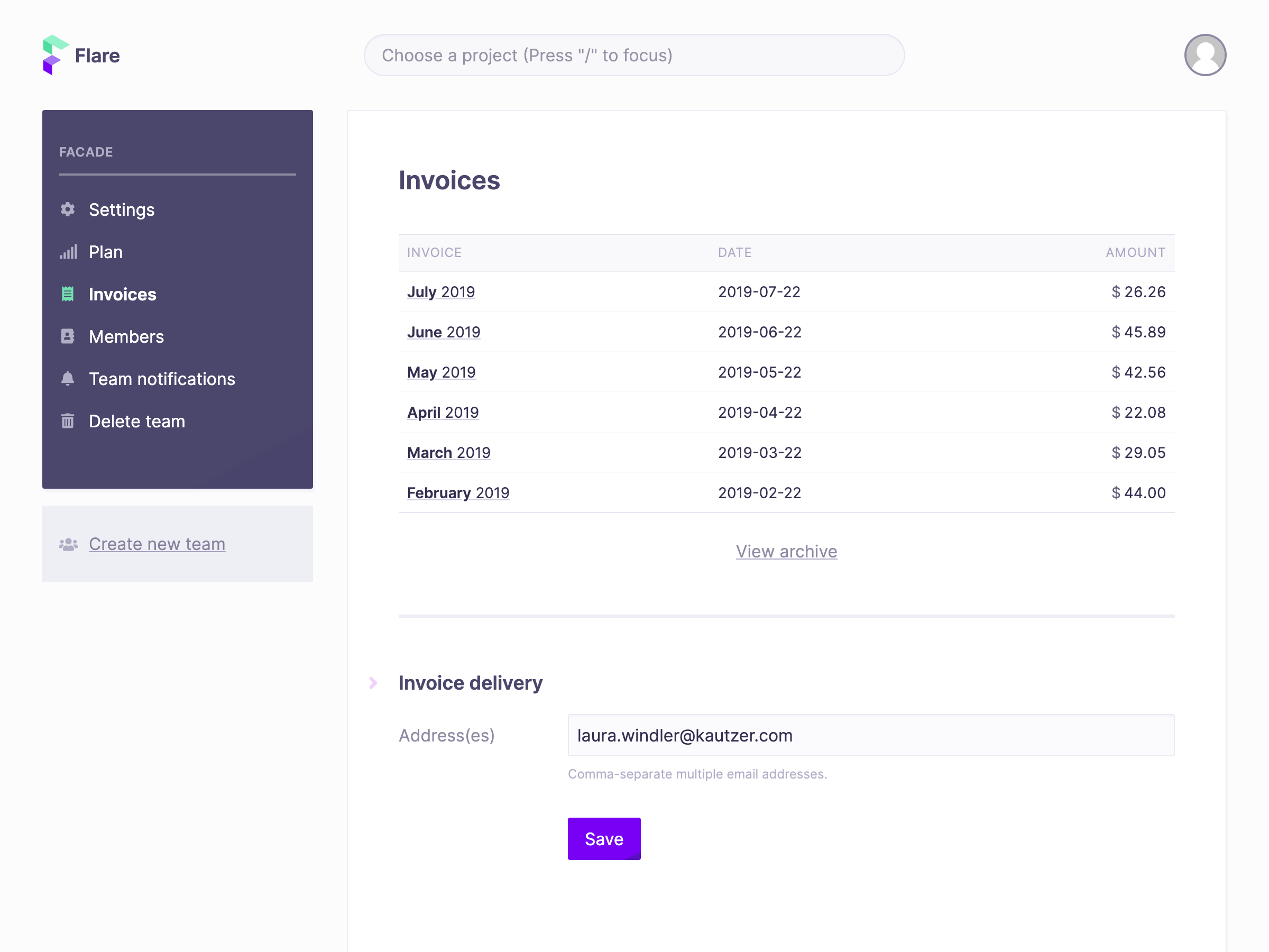 Screenshot of invoices screen