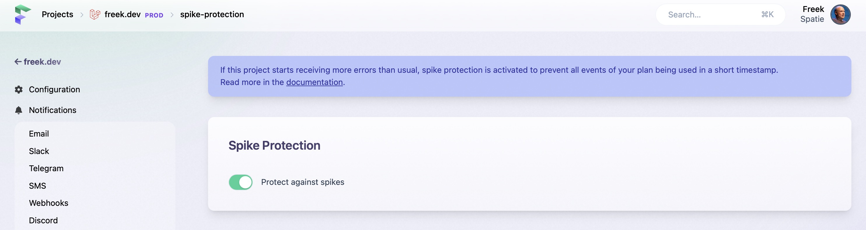 Screenshot of spike protection settings