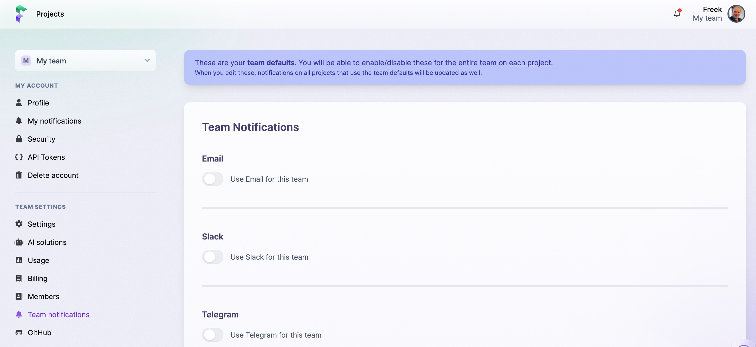 Screenshot of team notifications screen